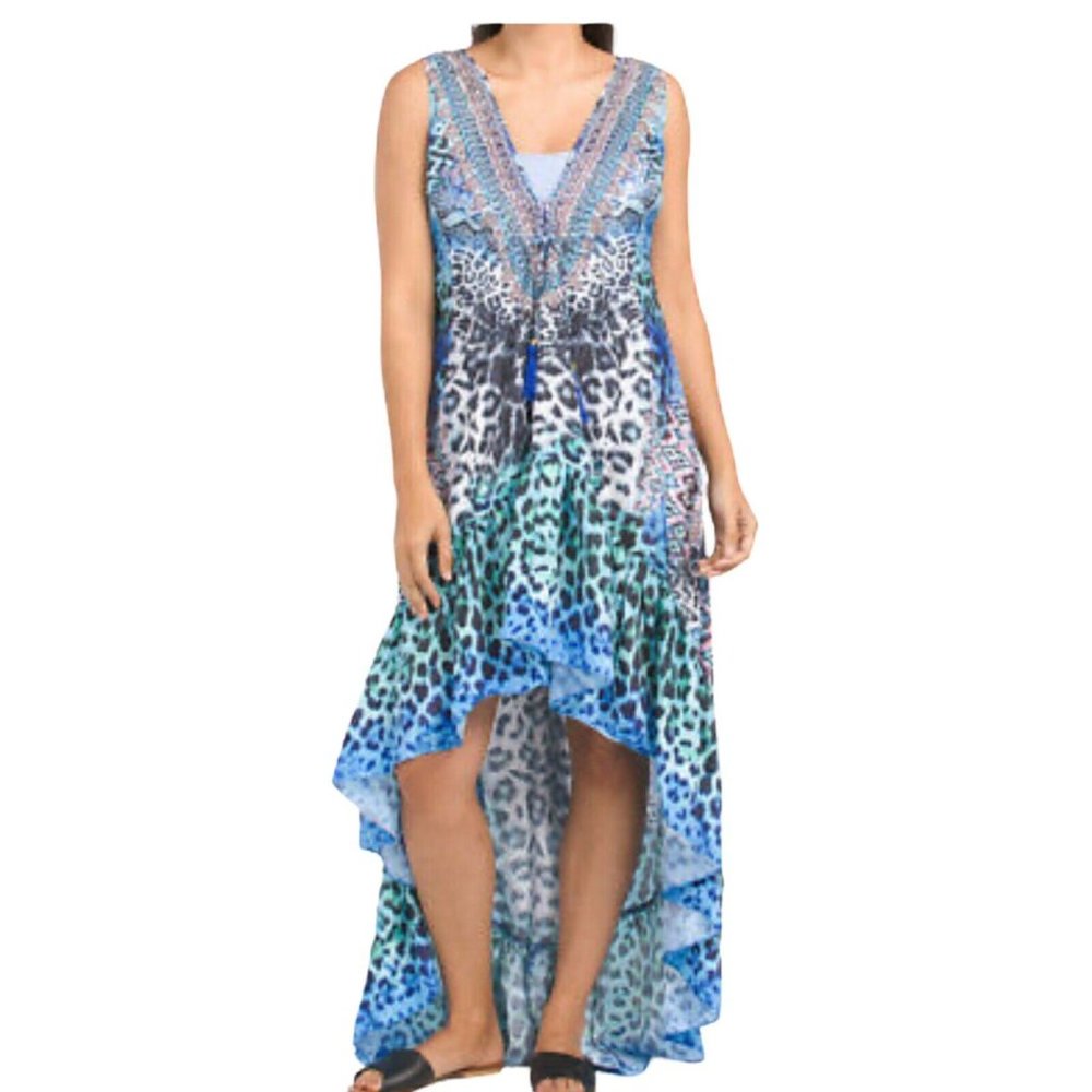 La Moda Dress Medium Luxe Hi Low Resort Embellished Blue Print Maxi Cheetah High